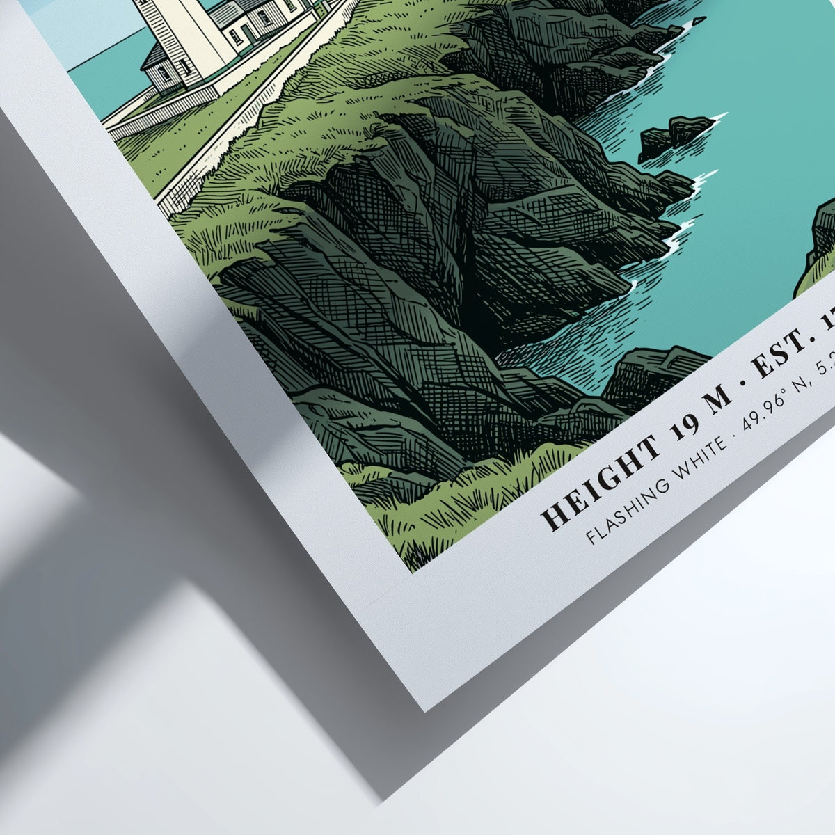 Lighthouse poster featuring Lizard Point Cornwall with rugged cliffs and a fishing boat.