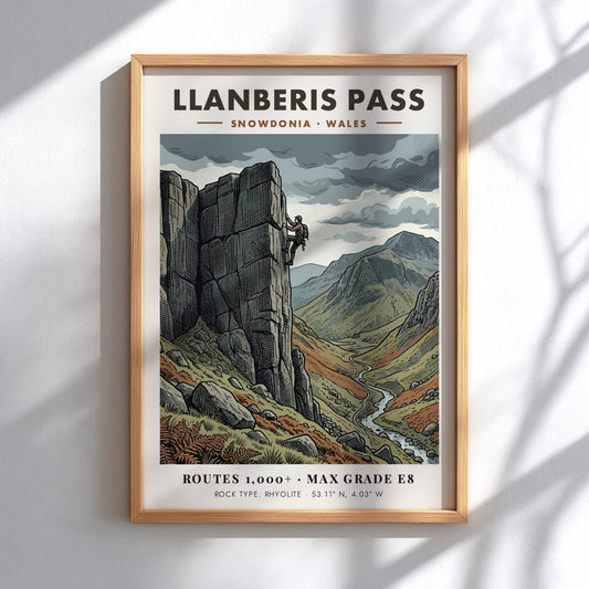 Poster of a rock climber on the steep rhyolite cliffs of Llanberis Pass Snowdonia.