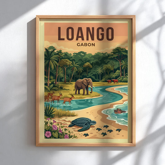 Loango National Park poster featuring wildlife, vibrant colors, and serene landscape