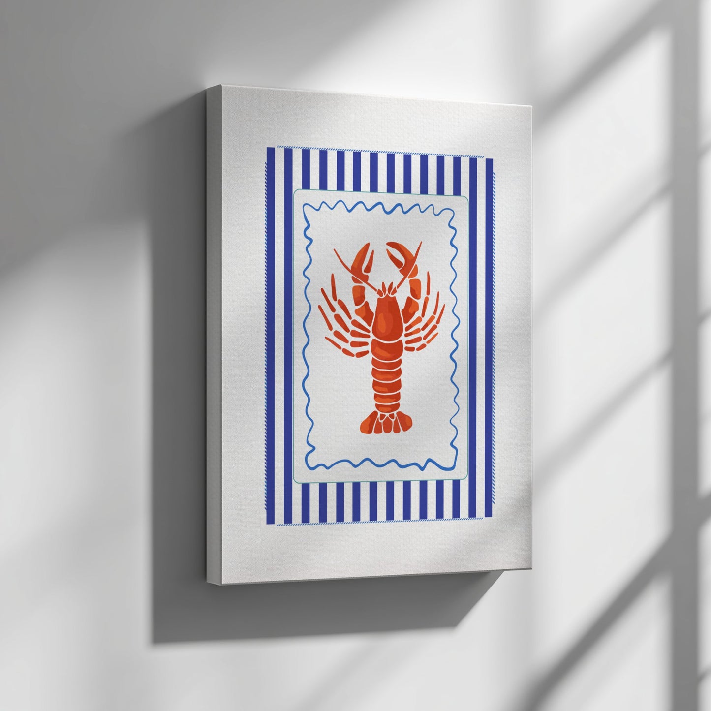 Framed artwork with a red lobster design on a blue and white striped background, mounted on a white wall.