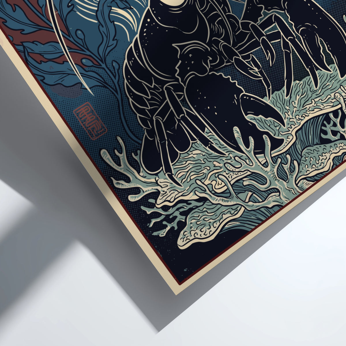 Poster featuring a dark lobster standing on a coral shelf in blue tones.