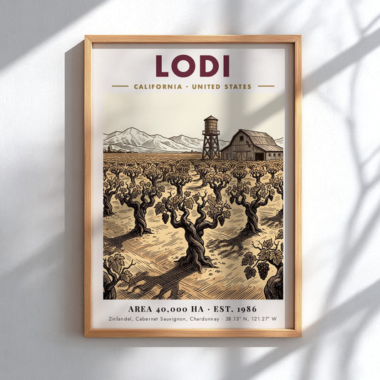 Poster featuring a Lodi California vineyard with a barn and water tower illustration