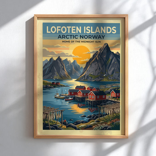 Travel poster of Lofoten Islands Norway with red cabins and mountains at sunset