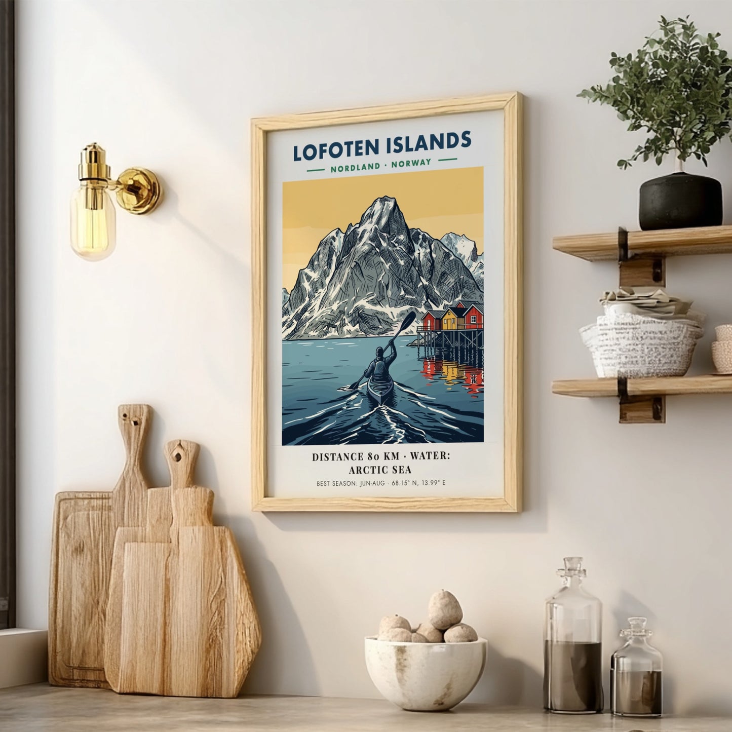 Lofoten Islands poster featuring a kayaker on Arctic water before tall snow-capped mountains.