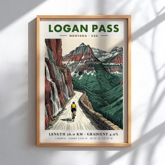 Poster showing a cyclist climbing Logan Pass, Montana with red cliffs and goats.