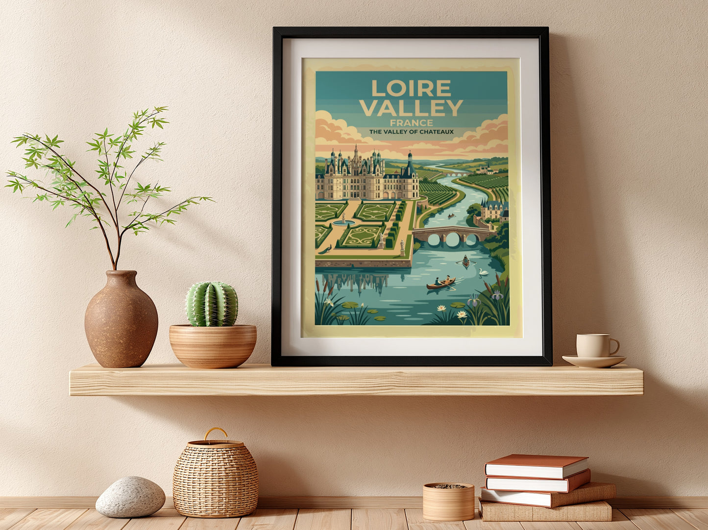 Travel poster of the Loire Valley in France featuring a castle and river.
