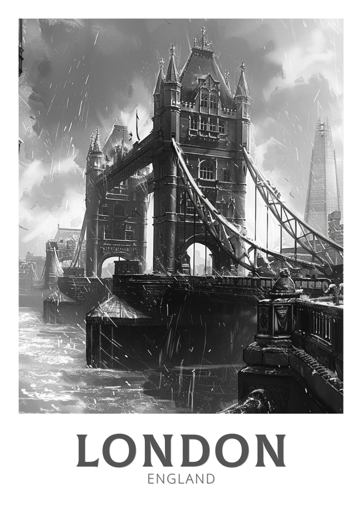Affiche de voyage noir et blanc du Tower Bridge de Londres - Illustration d'Angleterre