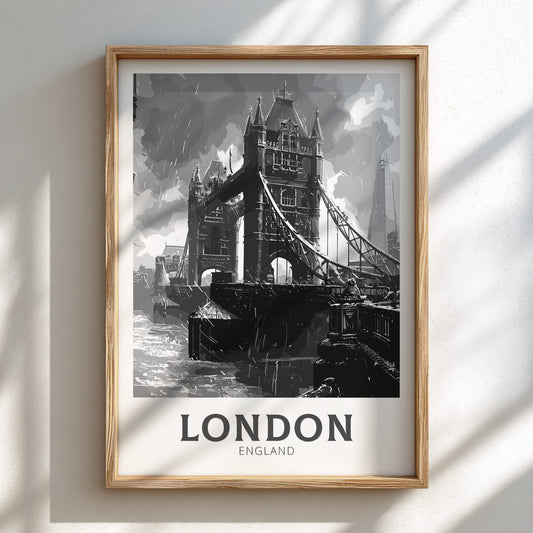 London Tower Bridge, black and white travel poster on a natural oak frame