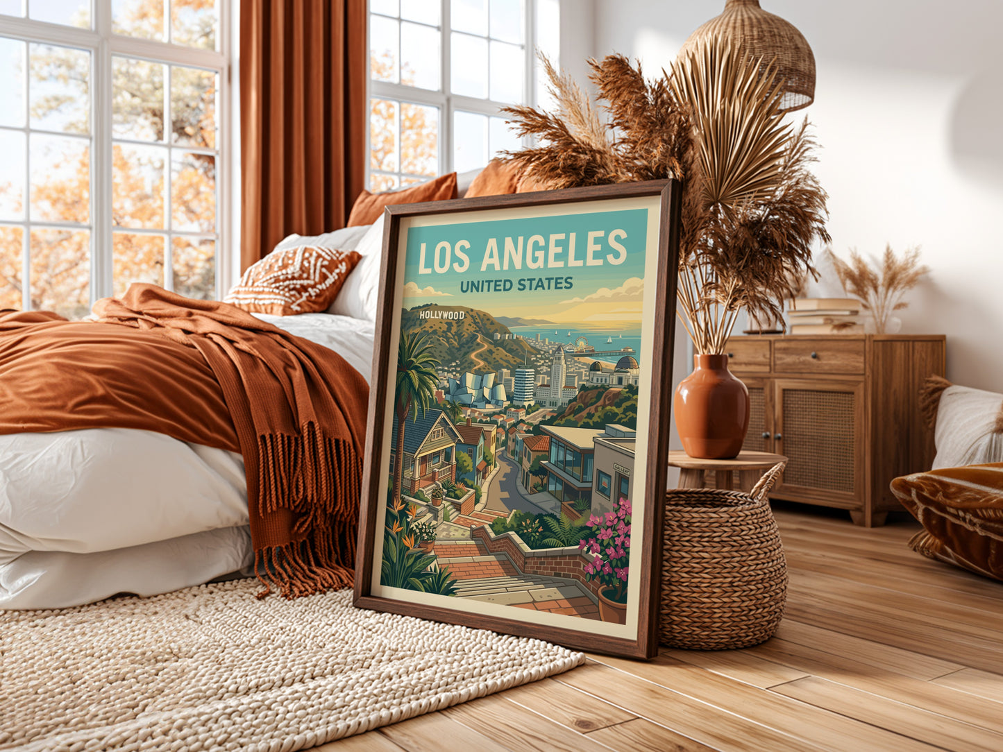 Los Angeles travel poster featuring a stylized cityscape with the Hollywood sign and palm trees.