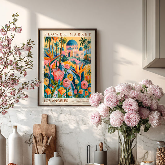 Flower market poster featuring vibrant tropical colors and cityscape elements
