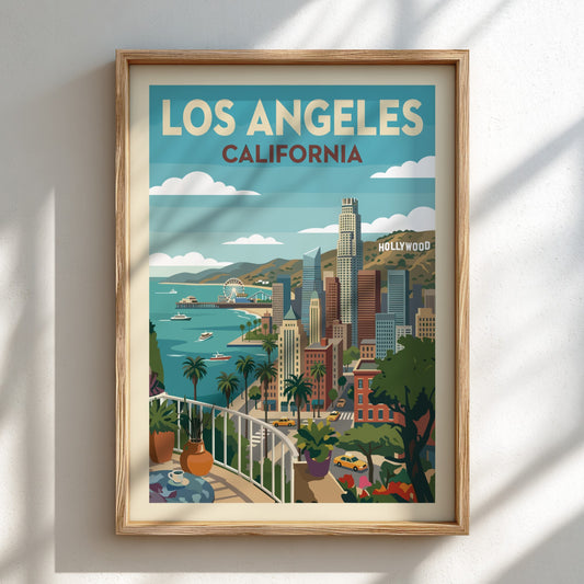 Retro Los Angeles skyline travel poster with iconic landmarks and ocean view, featuring a vibrant color