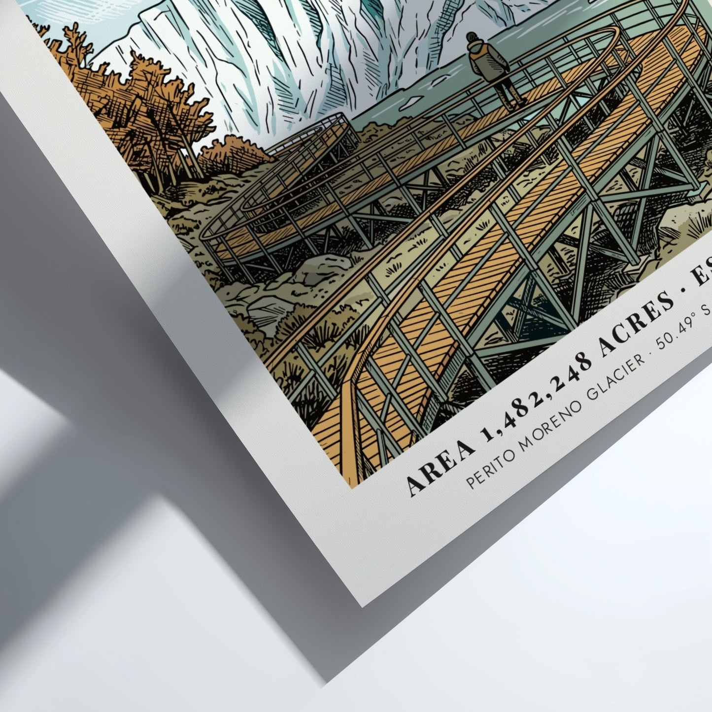 Poster featuring a hiker on a wooden boardwalk looking at Los Glaciares glacier