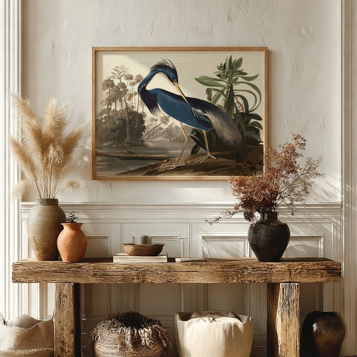 Louisiana Heron art poster featuring blue tones and detailed bird illustration, perfect for nature wall art
