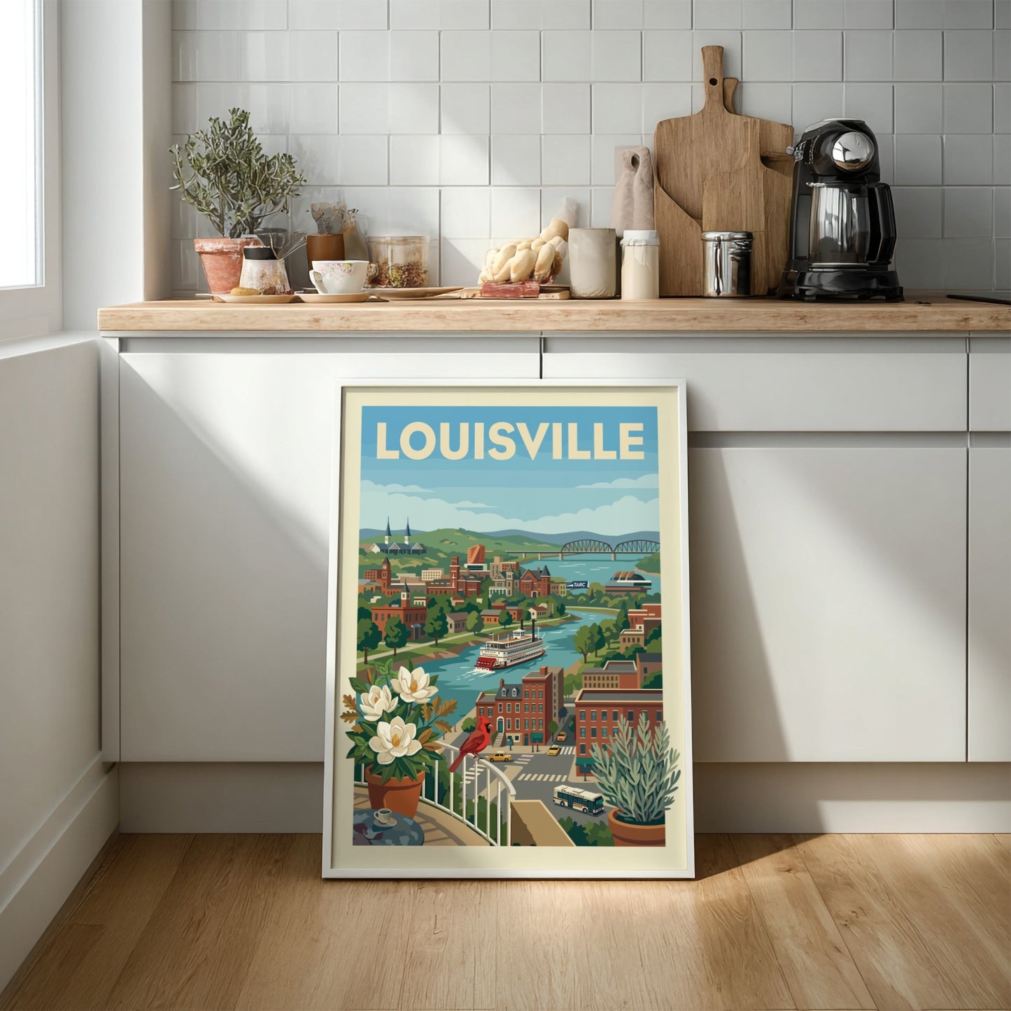 Stylized illustration of Louisville cityscape with a riverboat on the Ohio River, featuring historic
