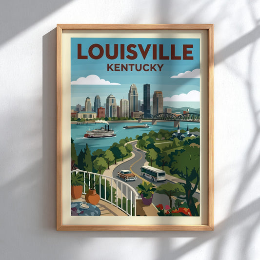 Stylized Louisville skyline travel poster with a paddleboat on the river and retro aesthetic.
