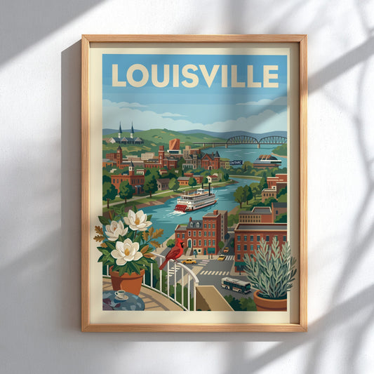 Stylized illustration of Louisville cityscape with a riverboat on the Ohio River, featuring historic