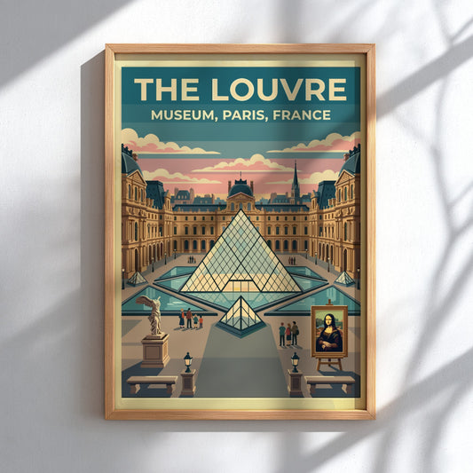 Louvre travel poster featuring vintage style, sunset colors, and iconic architecture