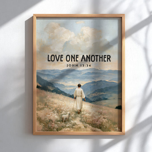 Love One Another poster featuring a serene landscape and soft pastel colors, inspirational Bible verse wall