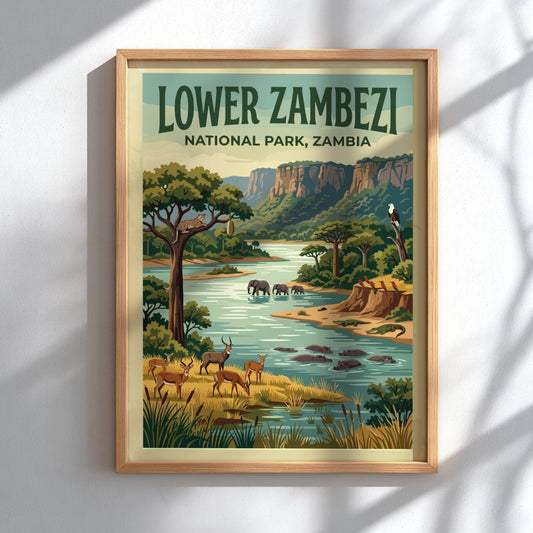 Lower Zambezi National Park poster featuring wildlife and lush landscapes in vibrant colors