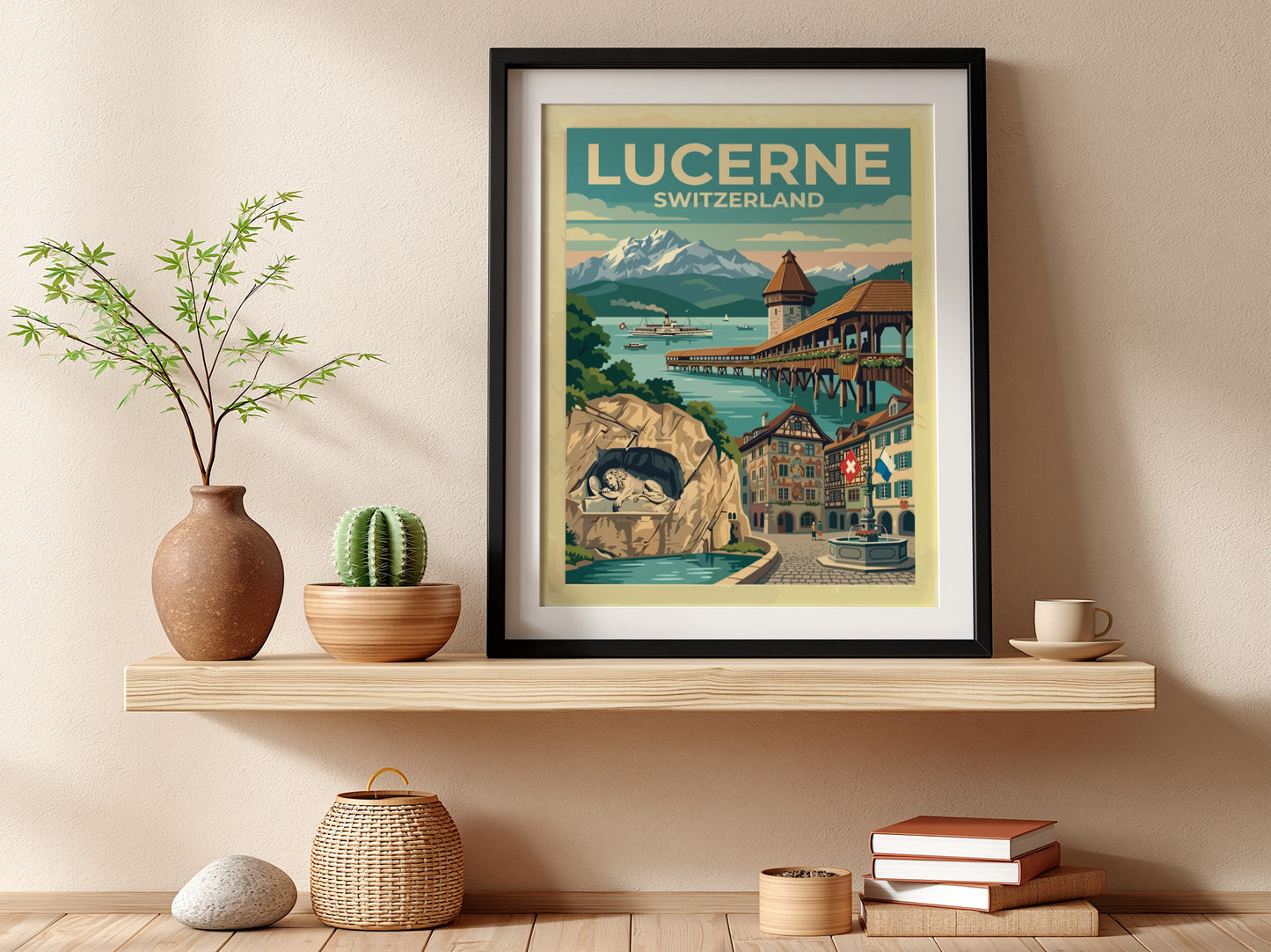 Travel poster of Lucerne Switzerland featuring the Chapel Bridge and snowy mountain peaks