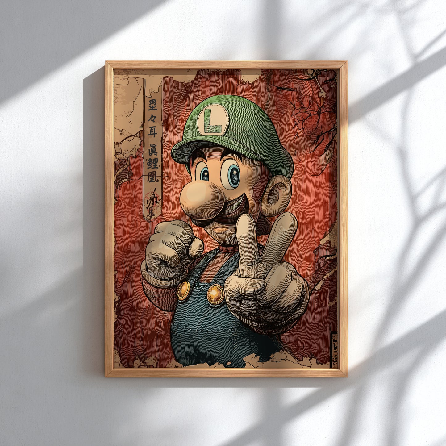 Framed artwork of Luigi giving a peace sign on a red background.