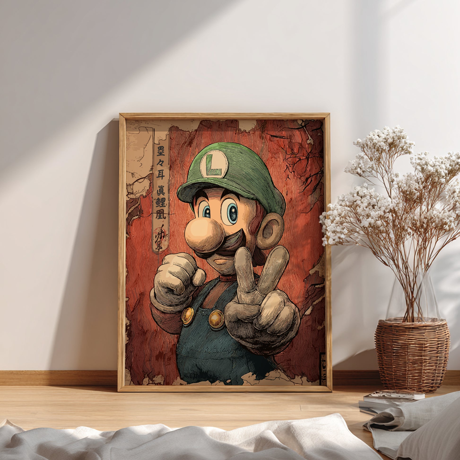 Framed artwork of Luigi on a wall.