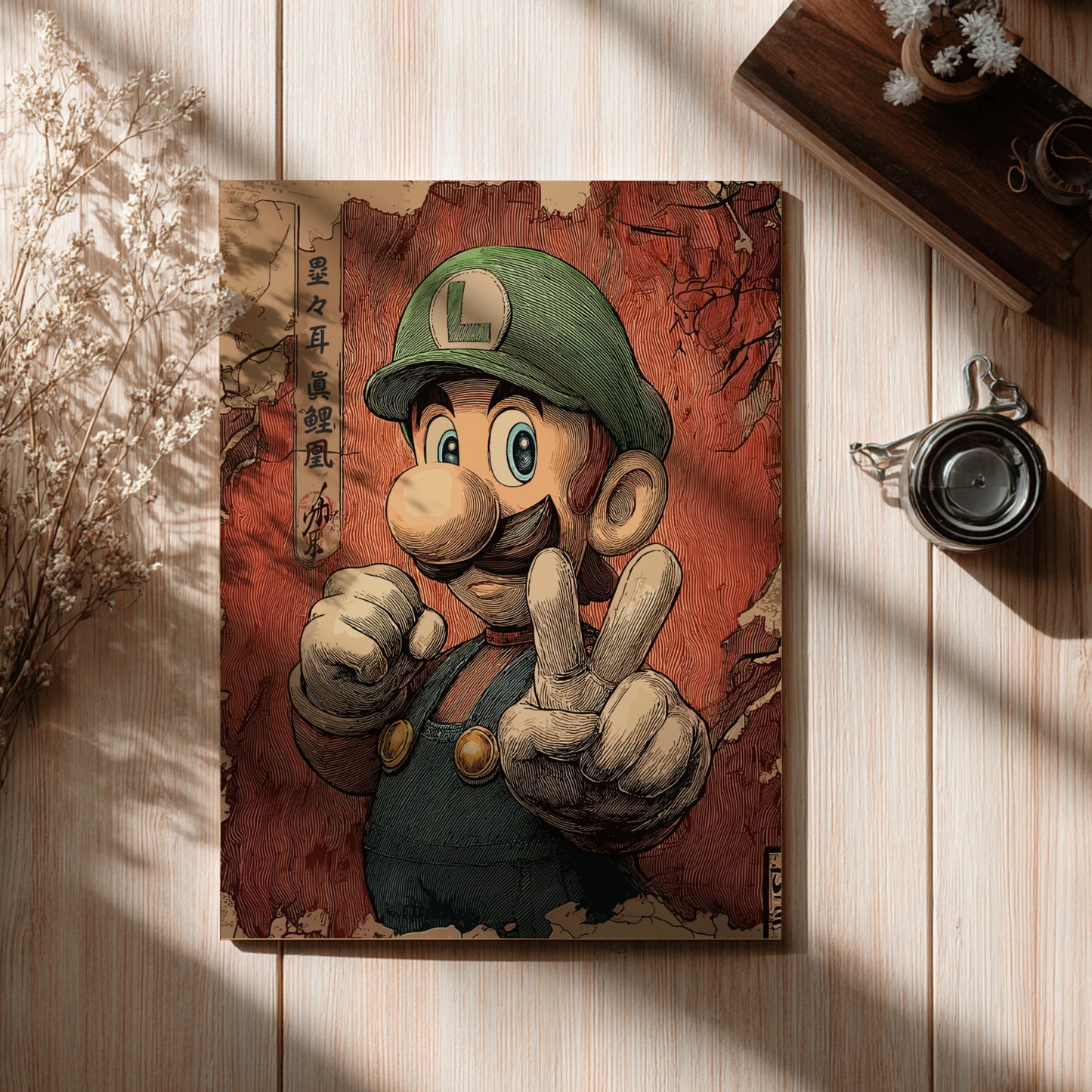 Luigi character with a red background on a wooden surface