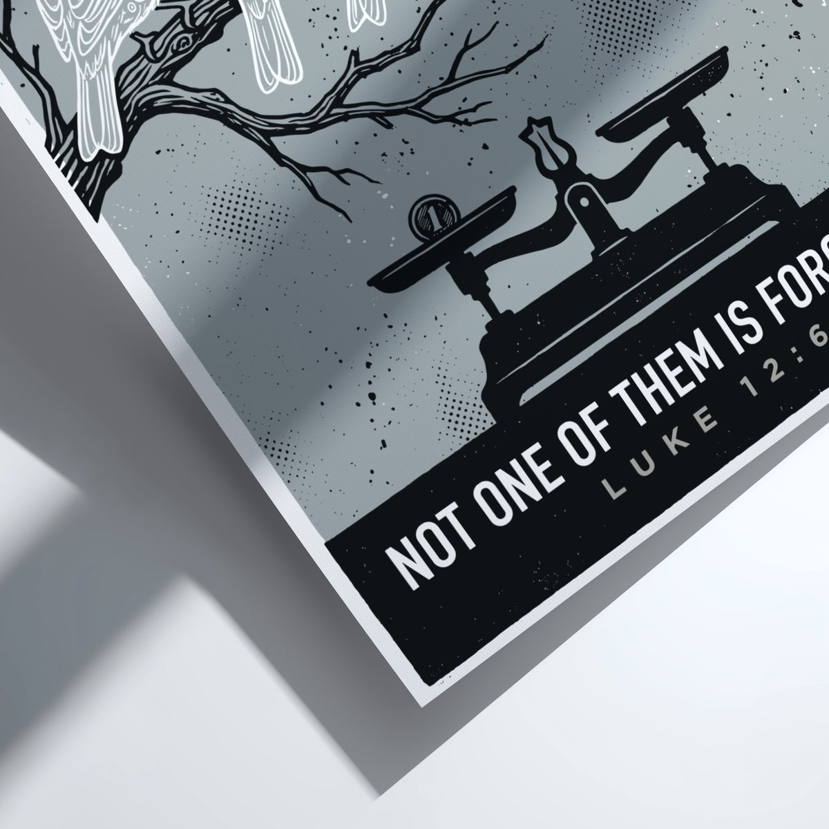 Poster featuring five sparrows on a branch with a scale and inspirational text.