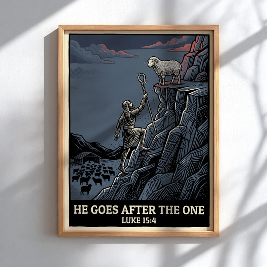 Poster featuring a shepherd climbing a mountain to reach a lost sheep illustration
