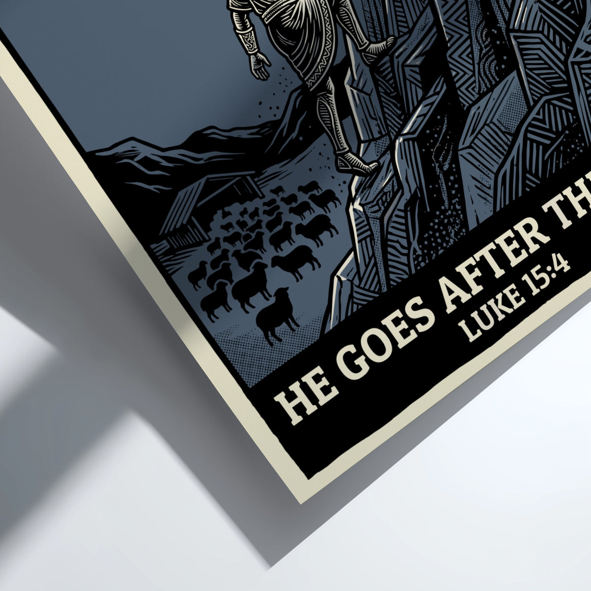 Poster featuring a shepherd climbing a mountain to reach a lost sheep illustration