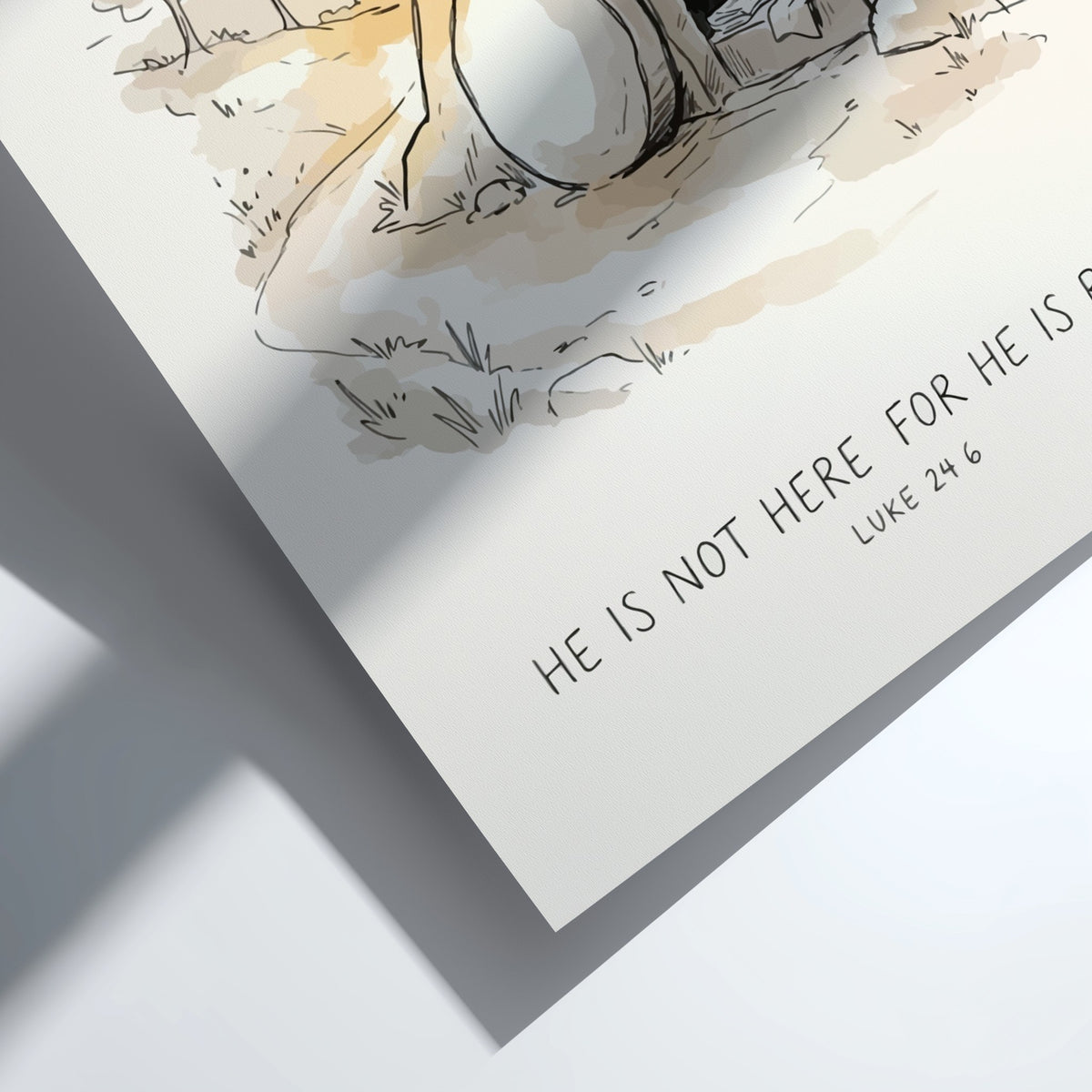 Easter poster featuring an empty tomb illustration with warm golden sun and ink lines