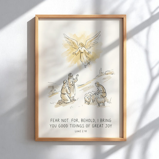 Poster featuring an angel appearing to shepherds with the text Fear Not For Behold