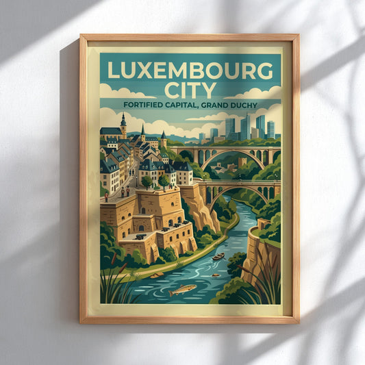 Travel poster of Luxembourg City featuring stone fortifications, arched bridges, and a river.