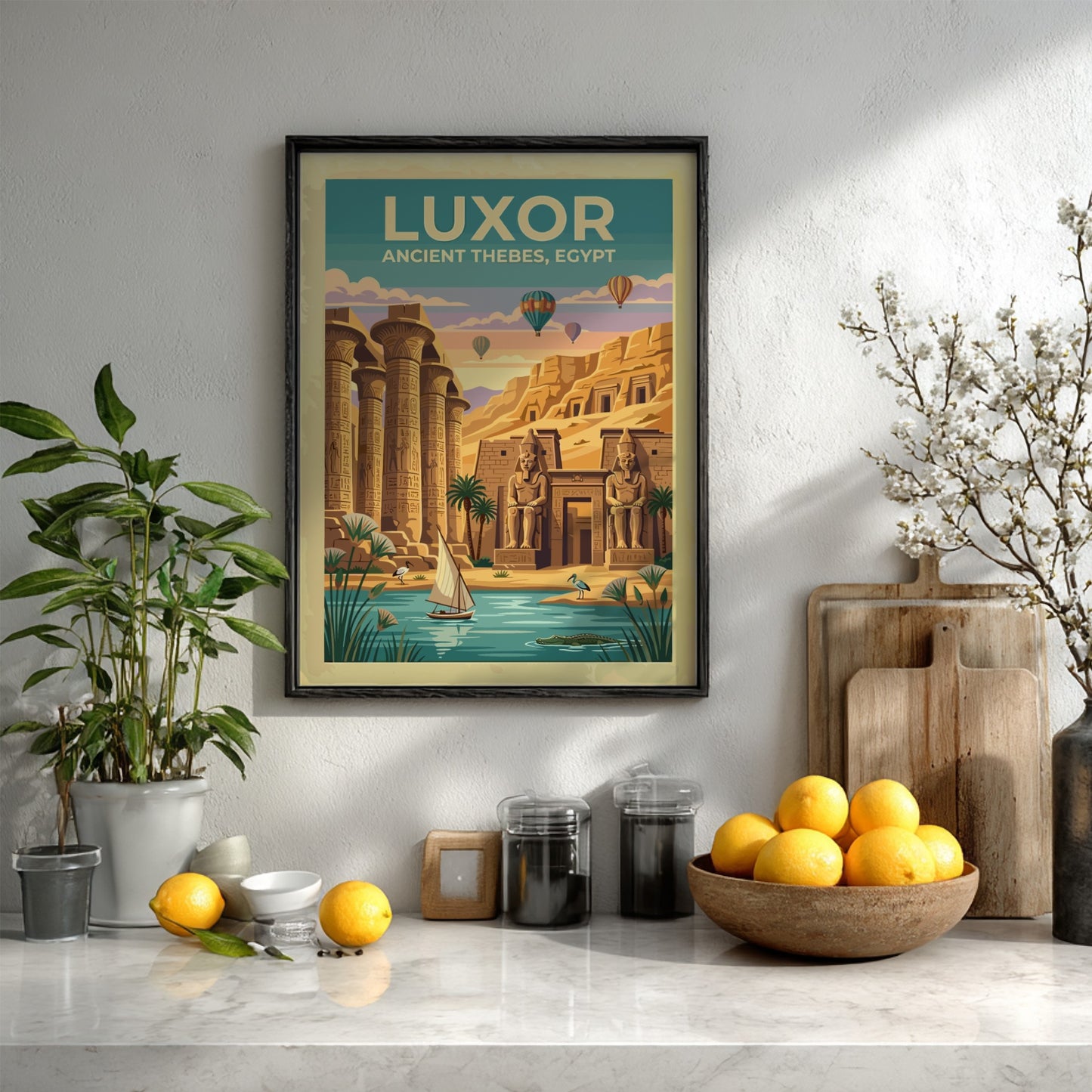 Travel poster of Luxor Ancient Thebes showing stone columns, statues, and hot air balloons.