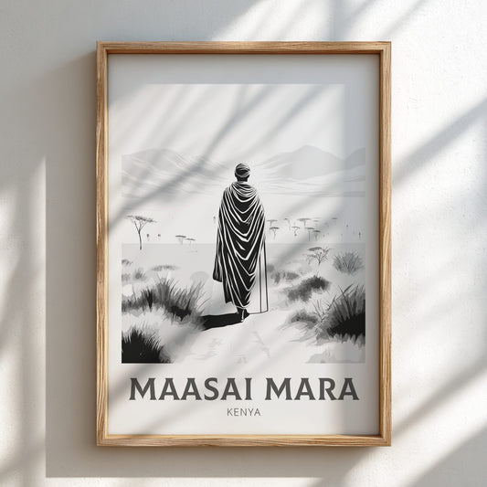 Framed artwork of a Maasai person in the desert with 'Maasai Mara Kenya' text.