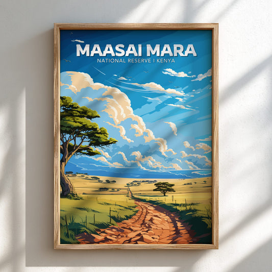 Framed poster of Maasai Mara National Reserve, Kenya with a scenic landscape.