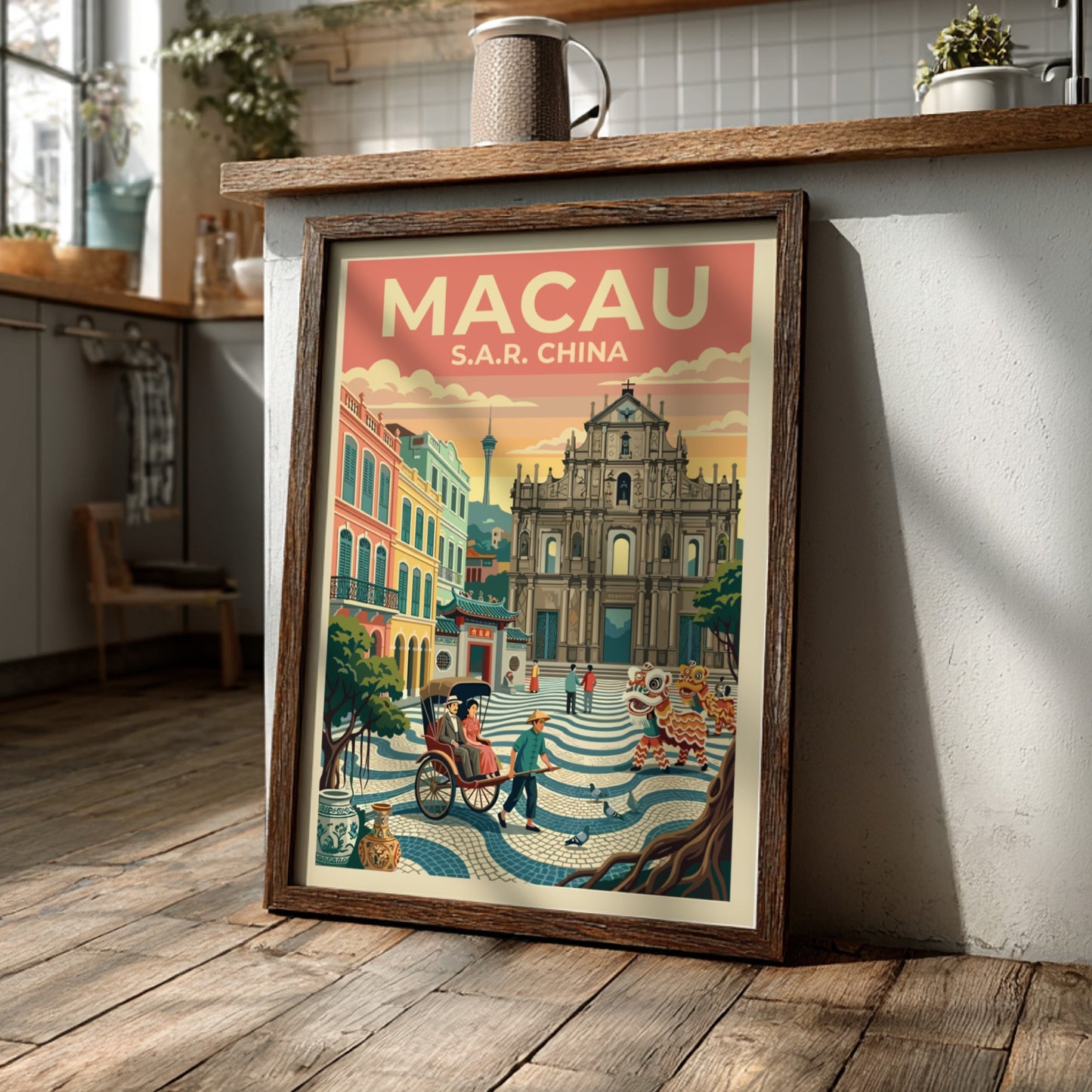 Travel poster featuring Macau cityscape with warm colors and vintage style