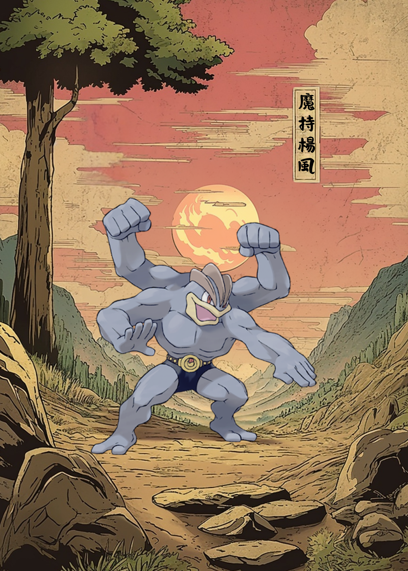 Machamp Pokémon character flexing muscles in a scenic outdoor setting with a large sun and tree.