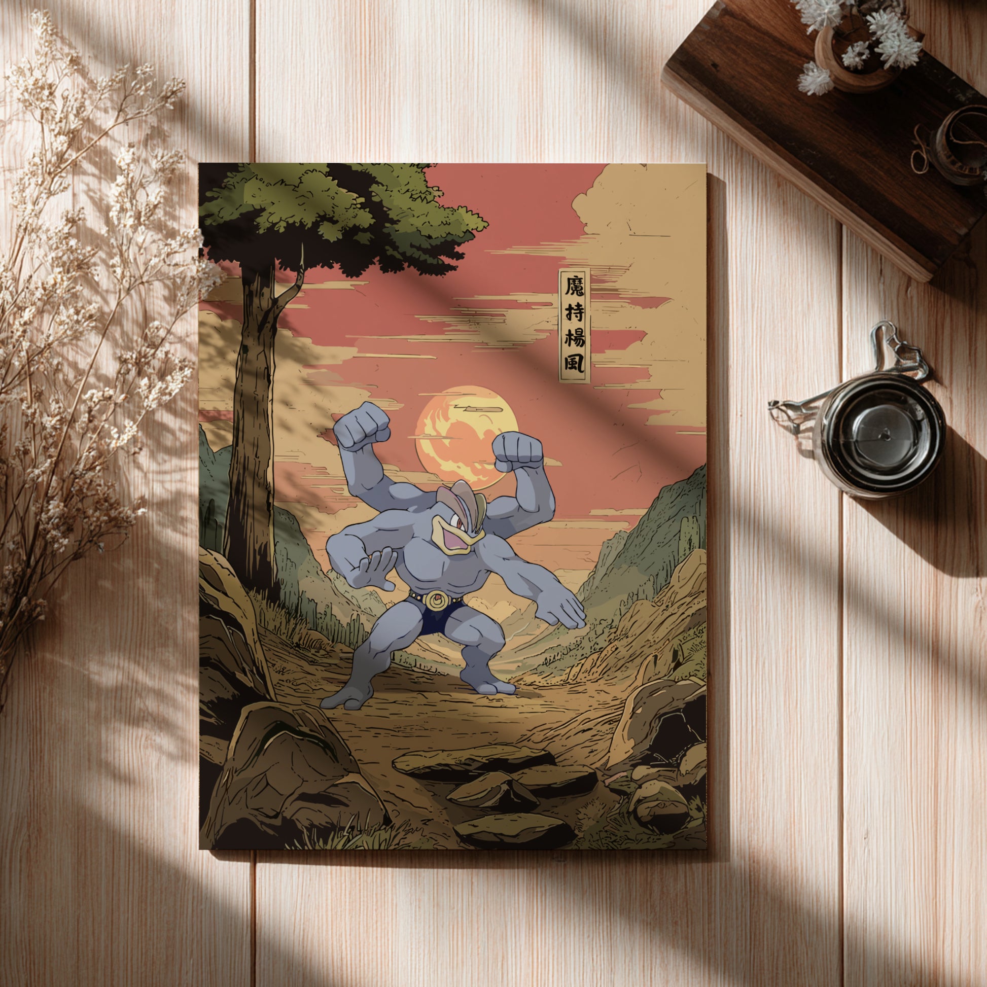 Poster with Machamp Pokémon character on a nature-themed cover, placed on a wooden surface.