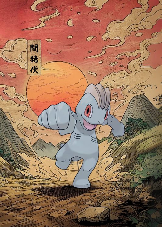 Machop Pokemon character in a fantasy landscape with a large orange sun and mountains.