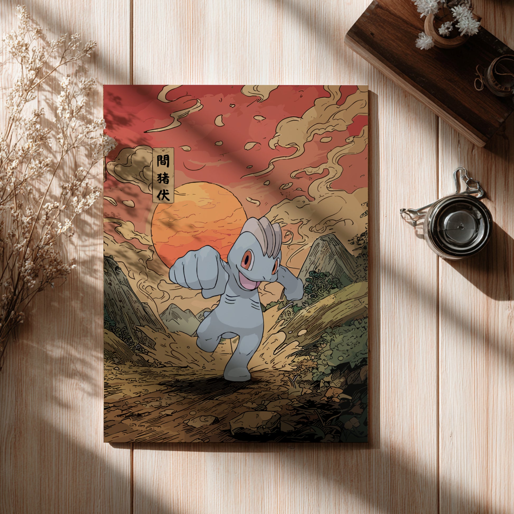 Canvas print with Machop Pokemon in a scenic setting on a wooden surface.