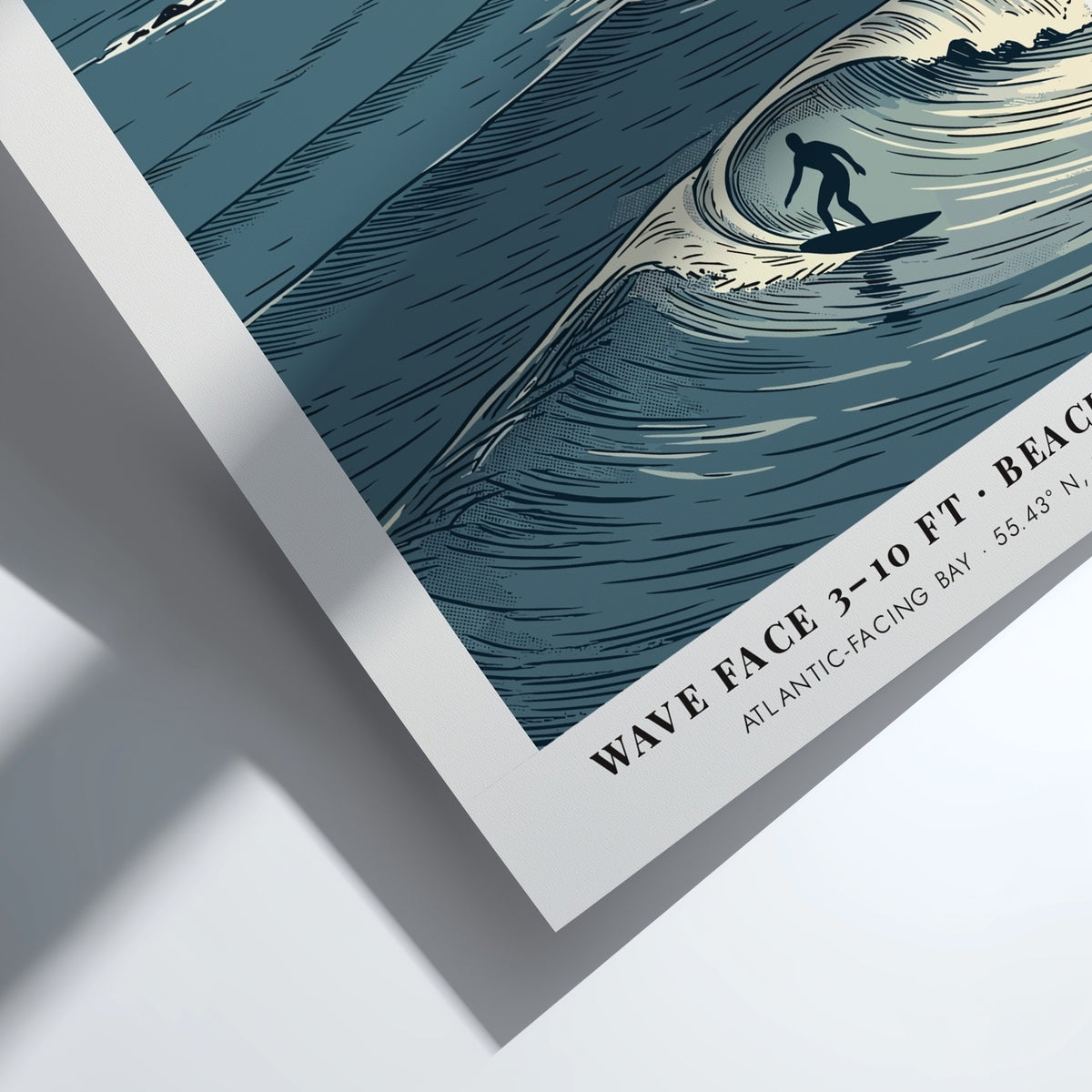 Poster featuring a surfer on a wave at Machrihanish beach in Scotland coastline.