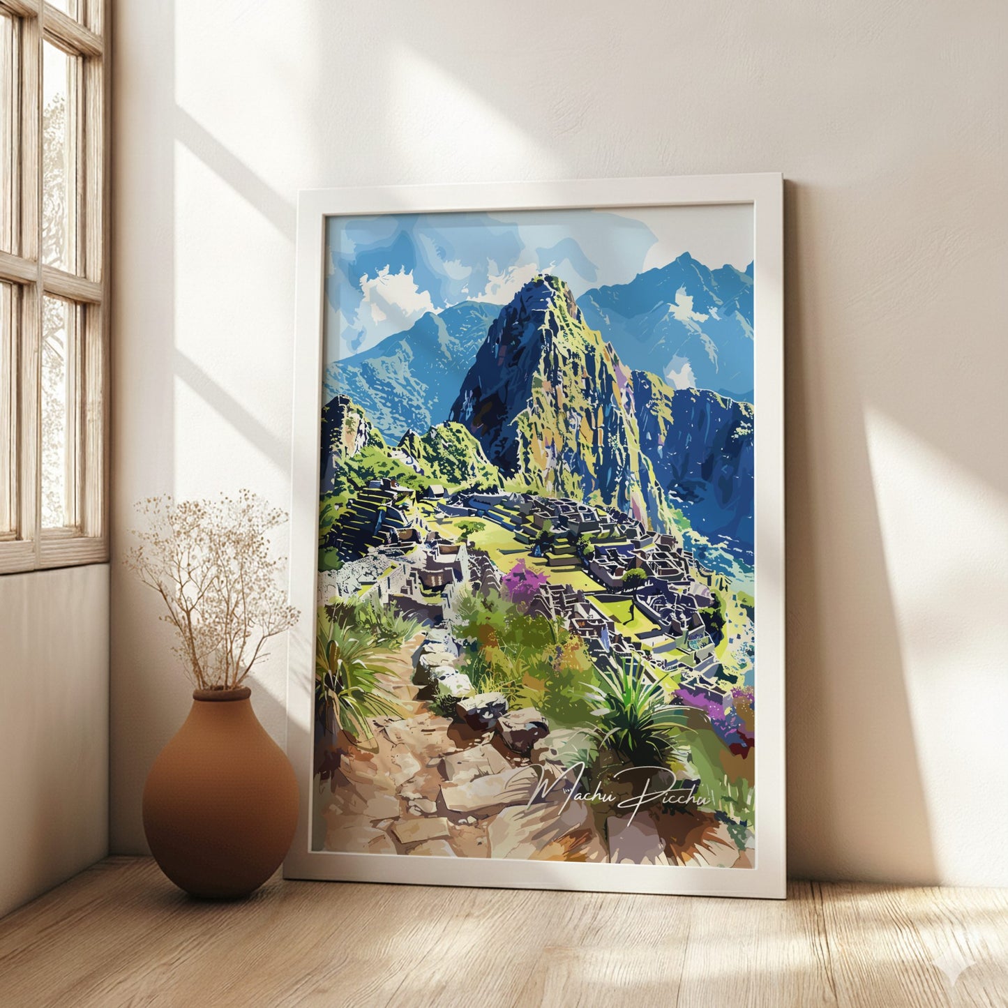 Machu Picchu travel poster on a white frame