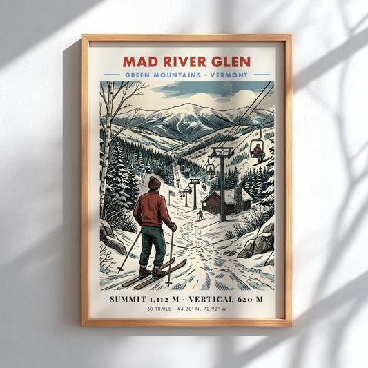 Poster of Mad River Glen in Vermont featuring a skier overlooking snow-covered mountains.