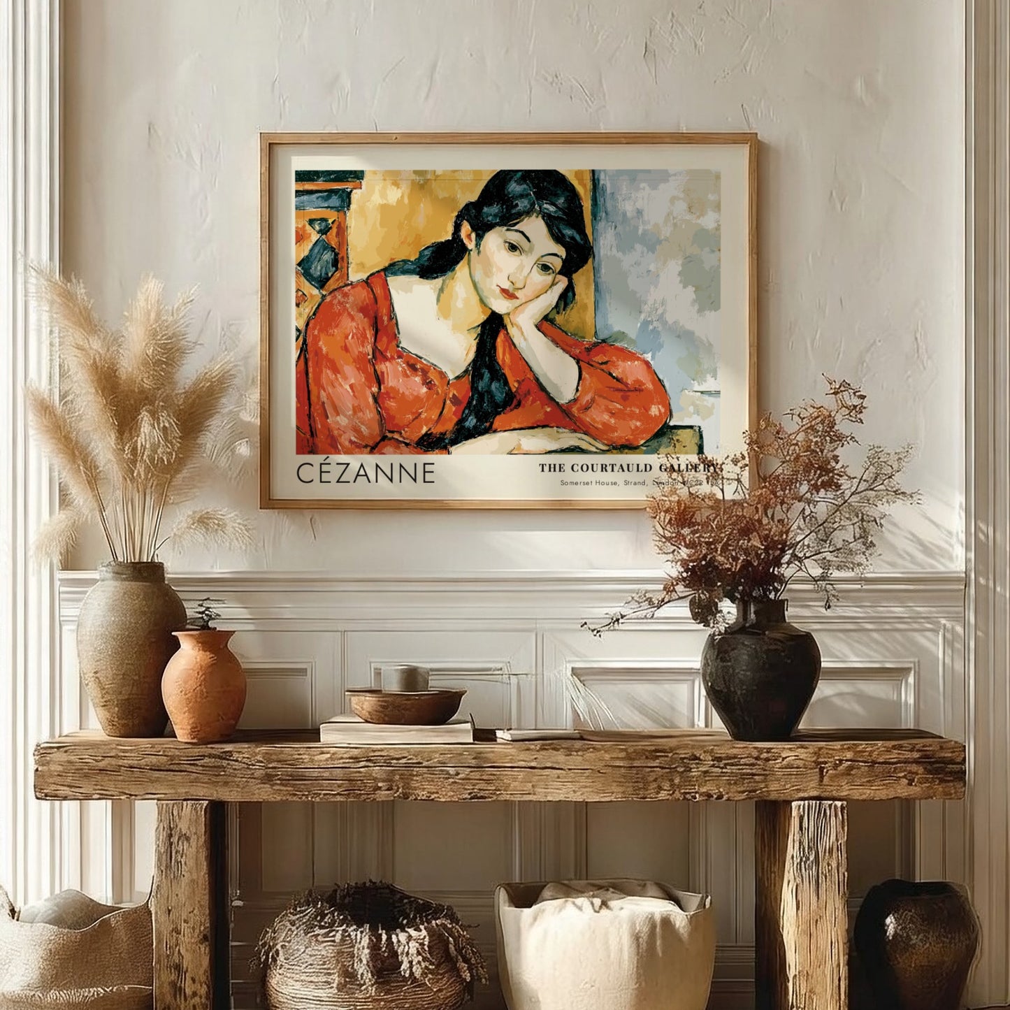 Wall art poster featuring the Madame Cézanne portrait by Cézanne in a wooden frame.