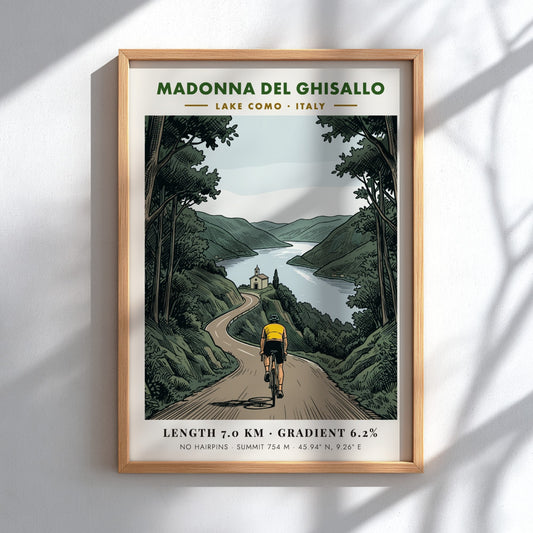 Poster featuring a cyclist climbing toward the Madonna Del Ghisallo sanctuary at Lake Como.