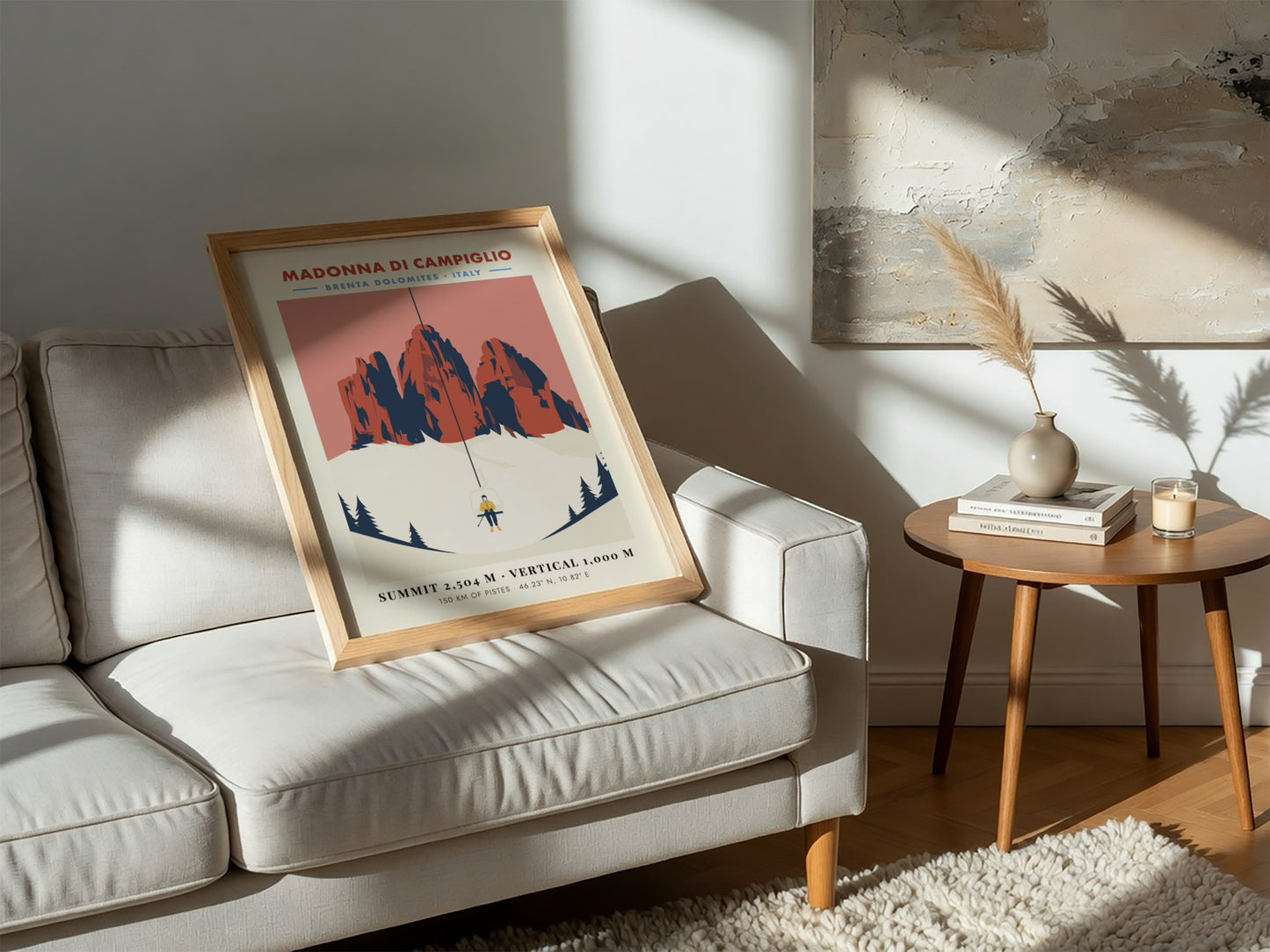 Ski resort poster featuring Madonna Di Campiglio with vintage style and warm colors