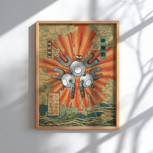 Framed artwork with Magneton Pokemon design and sunburst pattern on a white wall.