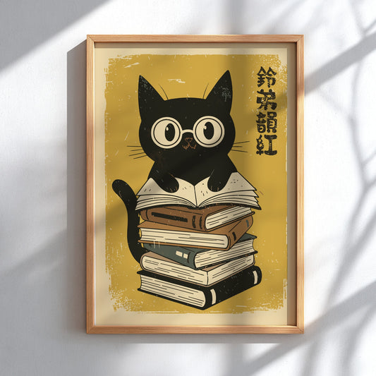 A stylized illustration of a black cat wearing round glasses and sitting on top of a tall stack of books, with vertical black characters on the right, set against a warm mustard-yellow background with distressed texture.