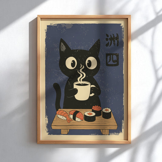 A framed art print featuring a cute black cat holding a steaming mug with sushi on a table, displayed on a white wall with soft shadow overlays.